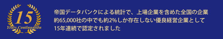 帝国データバンクによる平成26年7月の統計により、弊社は15年連続で「優良経営企業」に認定されました。